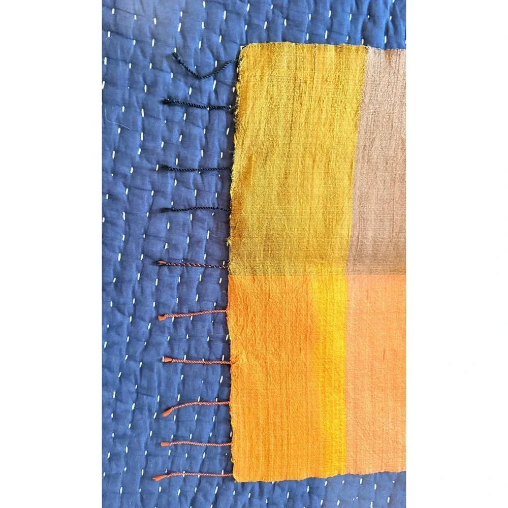 Handwoven Raw Thai Silk Colorblock‎ Scarf Orange Gold Taupe Fringed 55x13